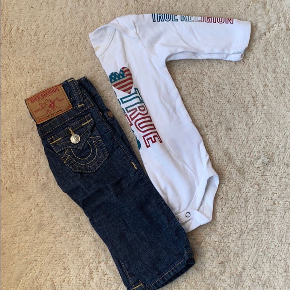 True Religion jeans and diaper shirt.